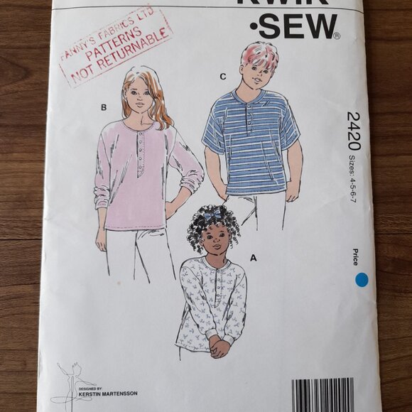 Kids Henley Shirts Pullover Tops Boys Girls Size 4-7 Kwik Sew 2420 UNCUT - Picture 2 of 9